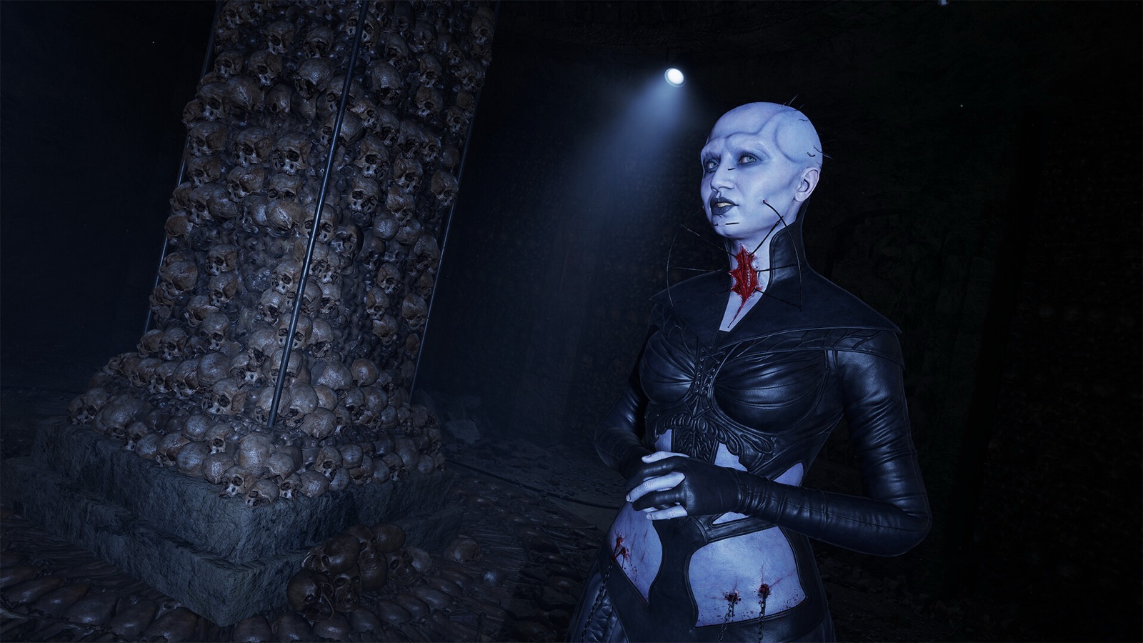 A Cenobite stands beside a wall of skulls in Hellraiser Revival.