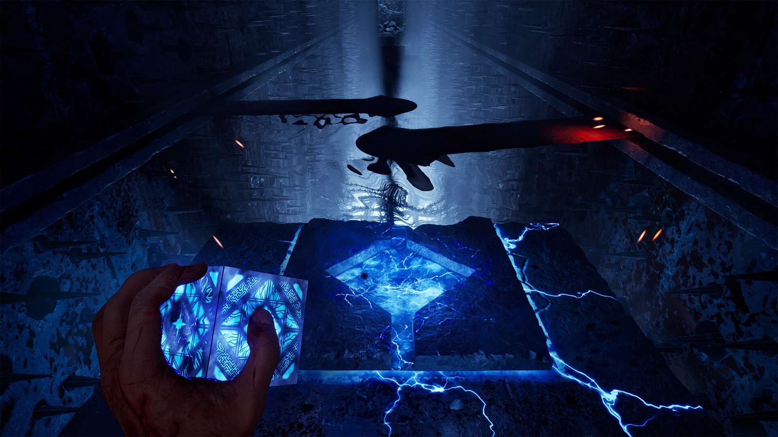 Aidan holds the glowing Genesis Configuration while reshaping a hazardous Labyrinth passage.